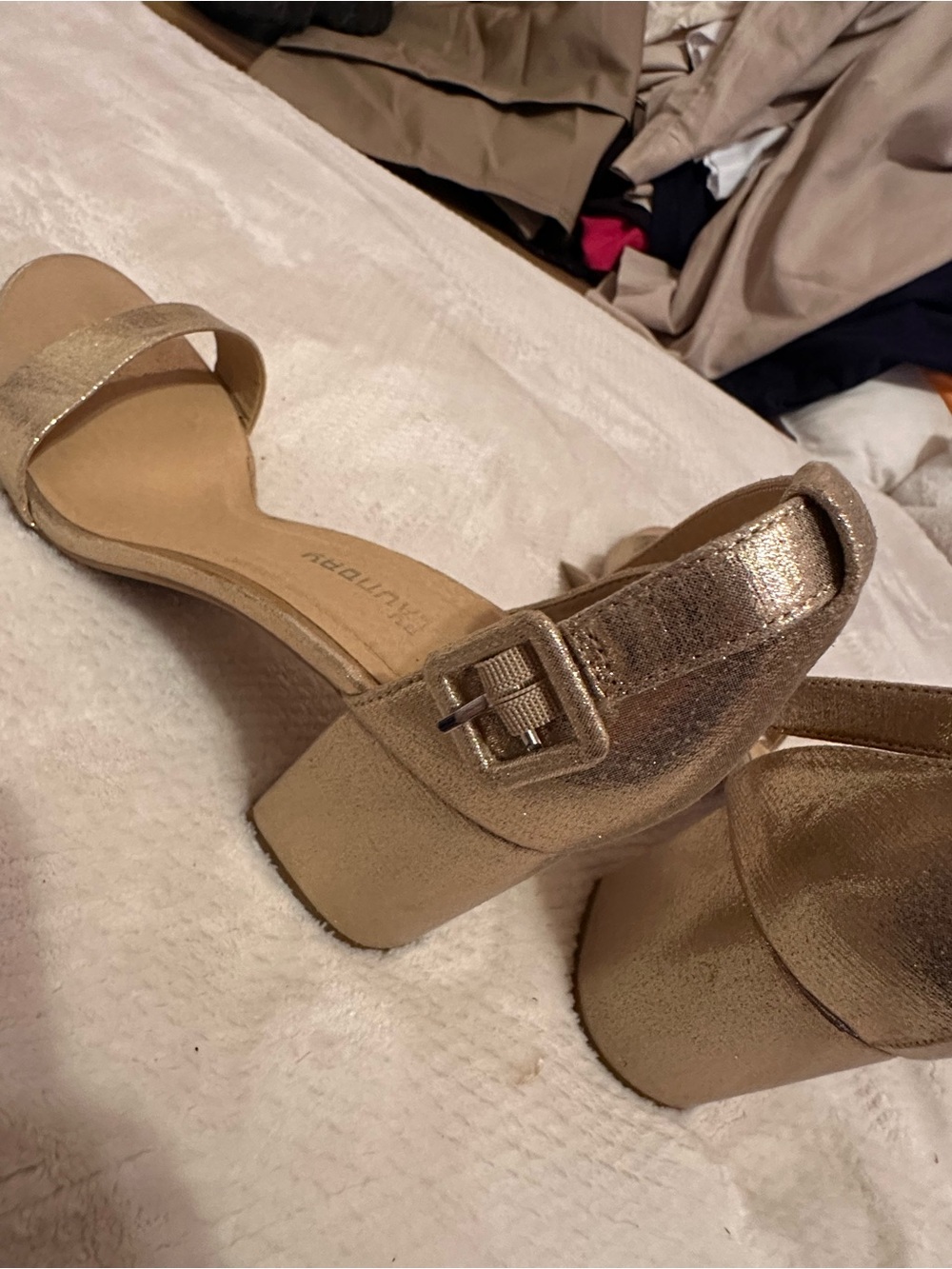 Metallic Gold Block Heel Sandals with Buckle Strap CL Launday